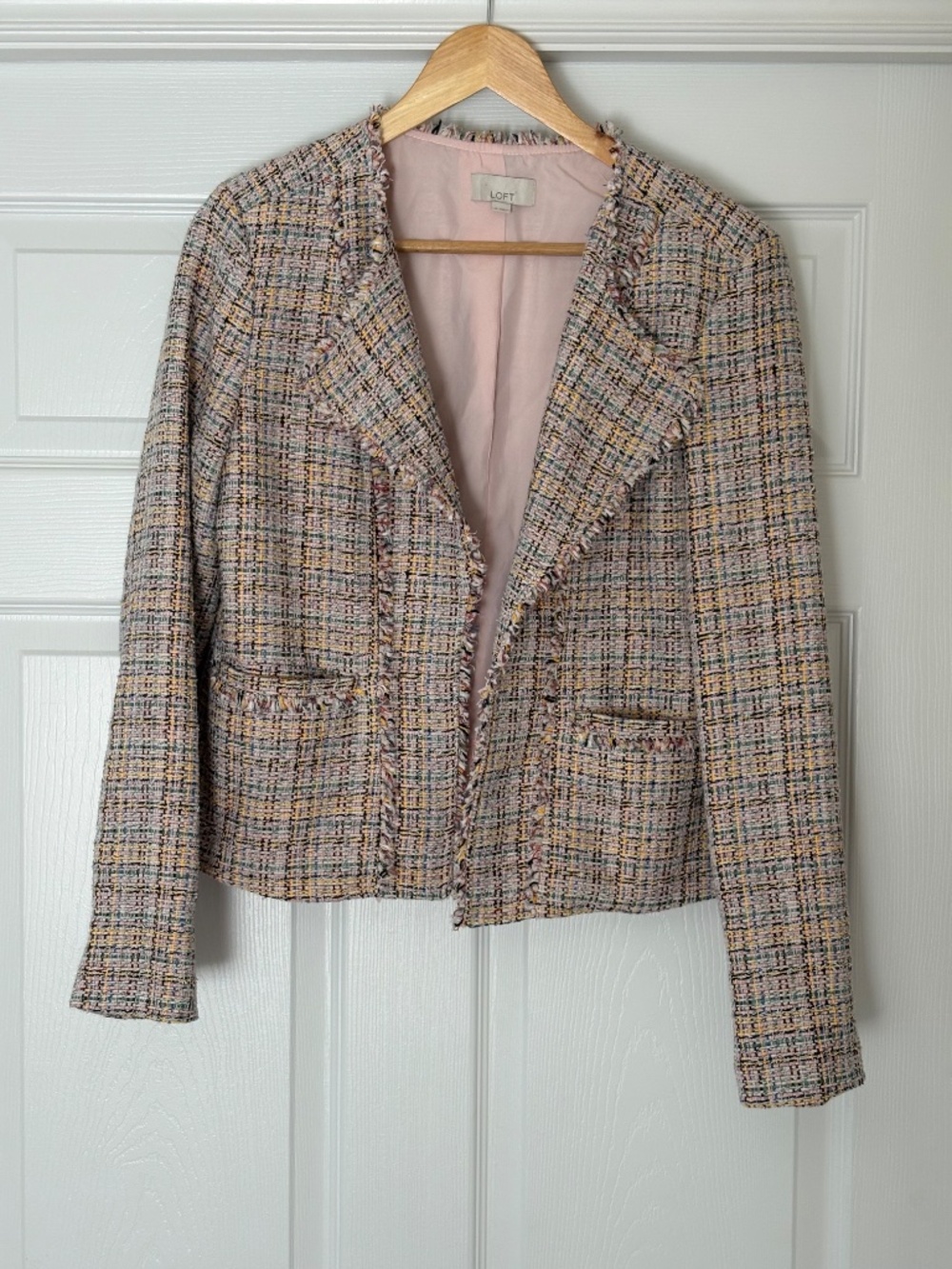 LOFT Elegant Multi Color Pastel Tweed Old Money Fringe Trim Open Front Blazer